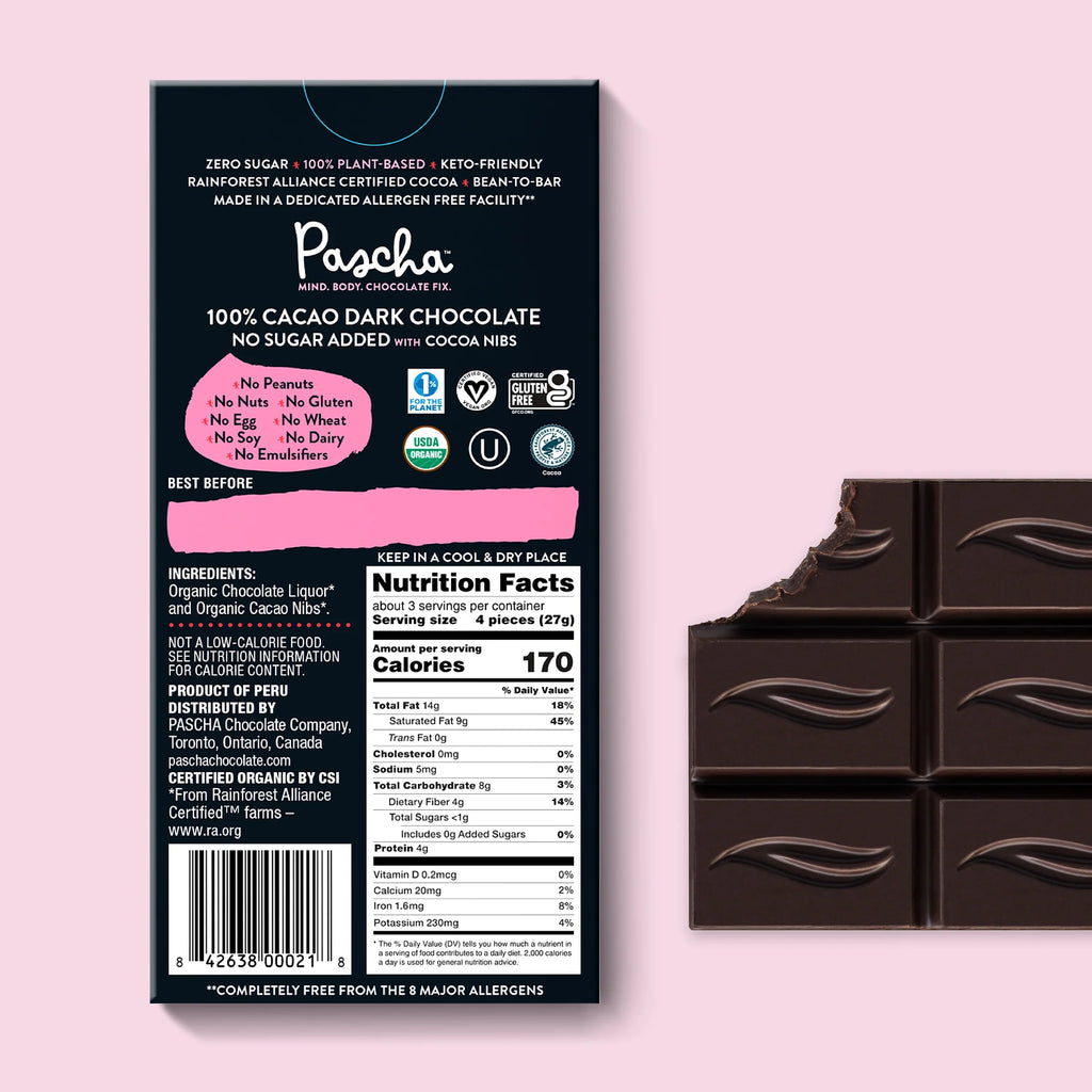 Shavelo - 100% Cacao Organic Vegan Dark Chocolate Bar with Cocoa Nibs (10 Bar Pack)