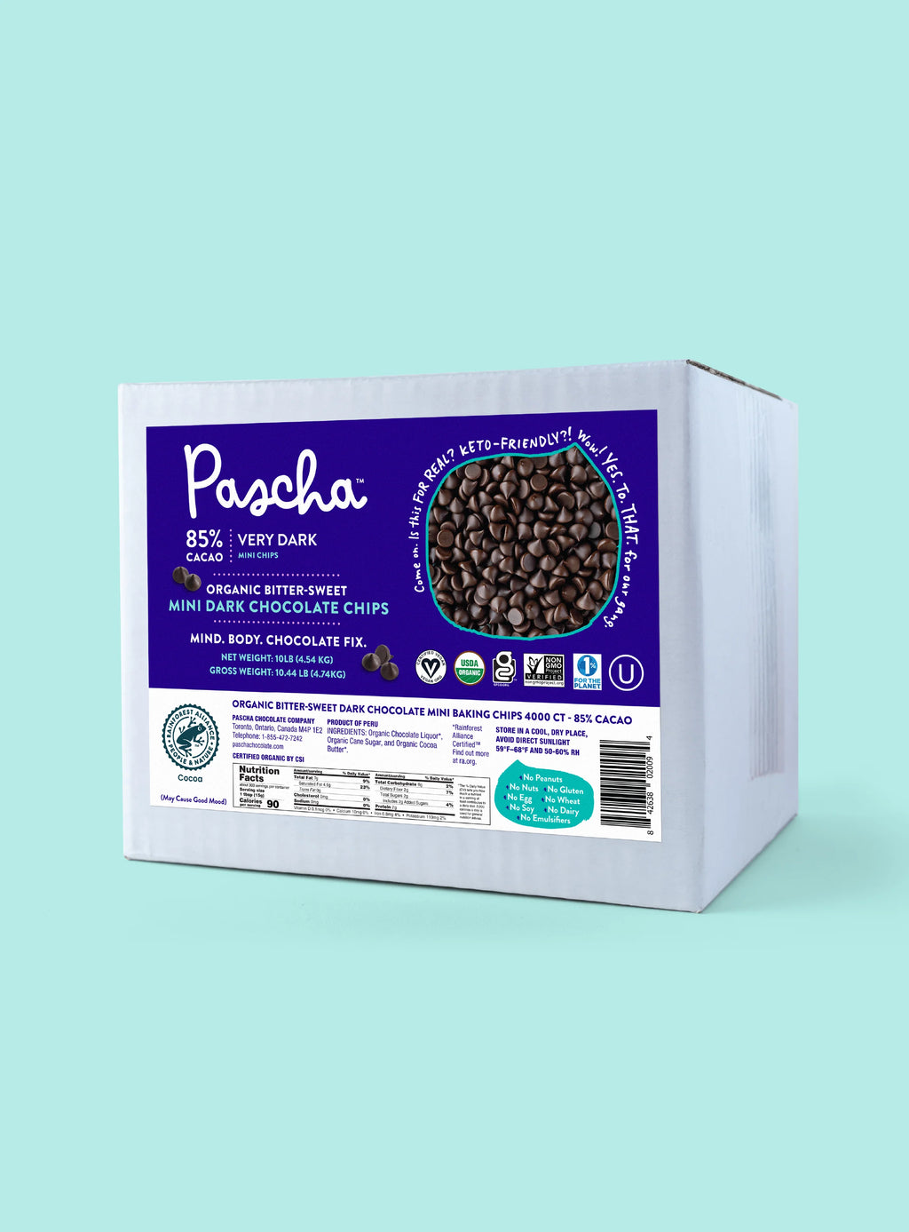 Shavelo - Bulk Mini Chips (10 lbs) - 85% Cacao Organic Vegan Extra Bitter-Sweet Dark Chocolate Chips (4000 ct) - Keto Friendly!