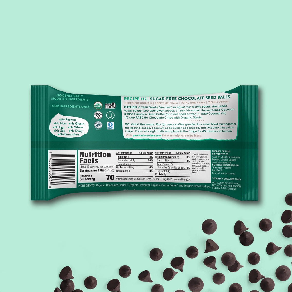 Shavelo - 70% Cacao Organic Vegan Bitter-Sweet Dark Chocolate Chips with Stevia (6 Bags)