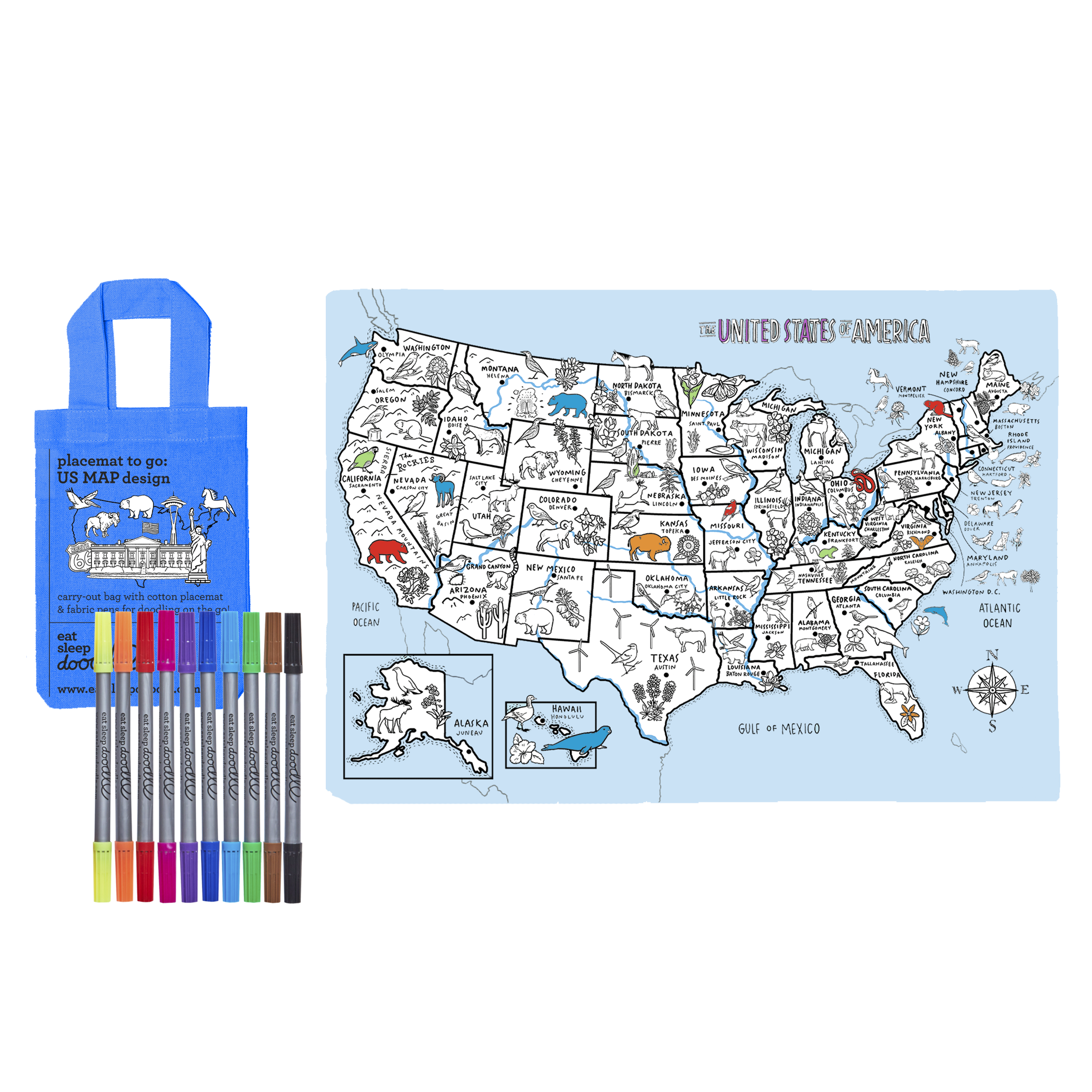 Kibakids - USA Map Reusable Colour-In Placemat for Kids