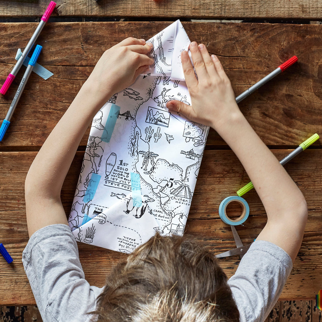 Kibakids - colour in world map wrapping paper (3 sheets)