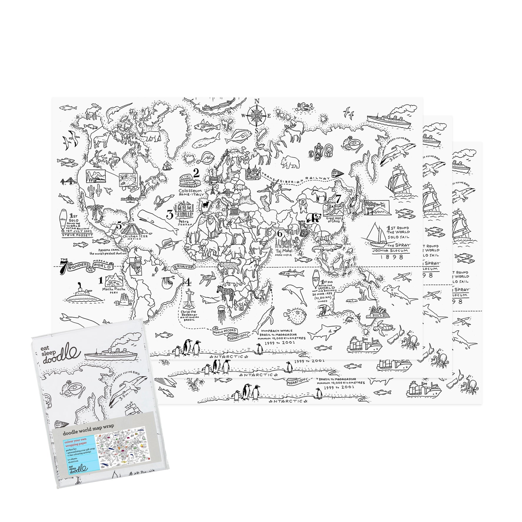 Kibakids - colour in world map wrapping paper (3 sheets)