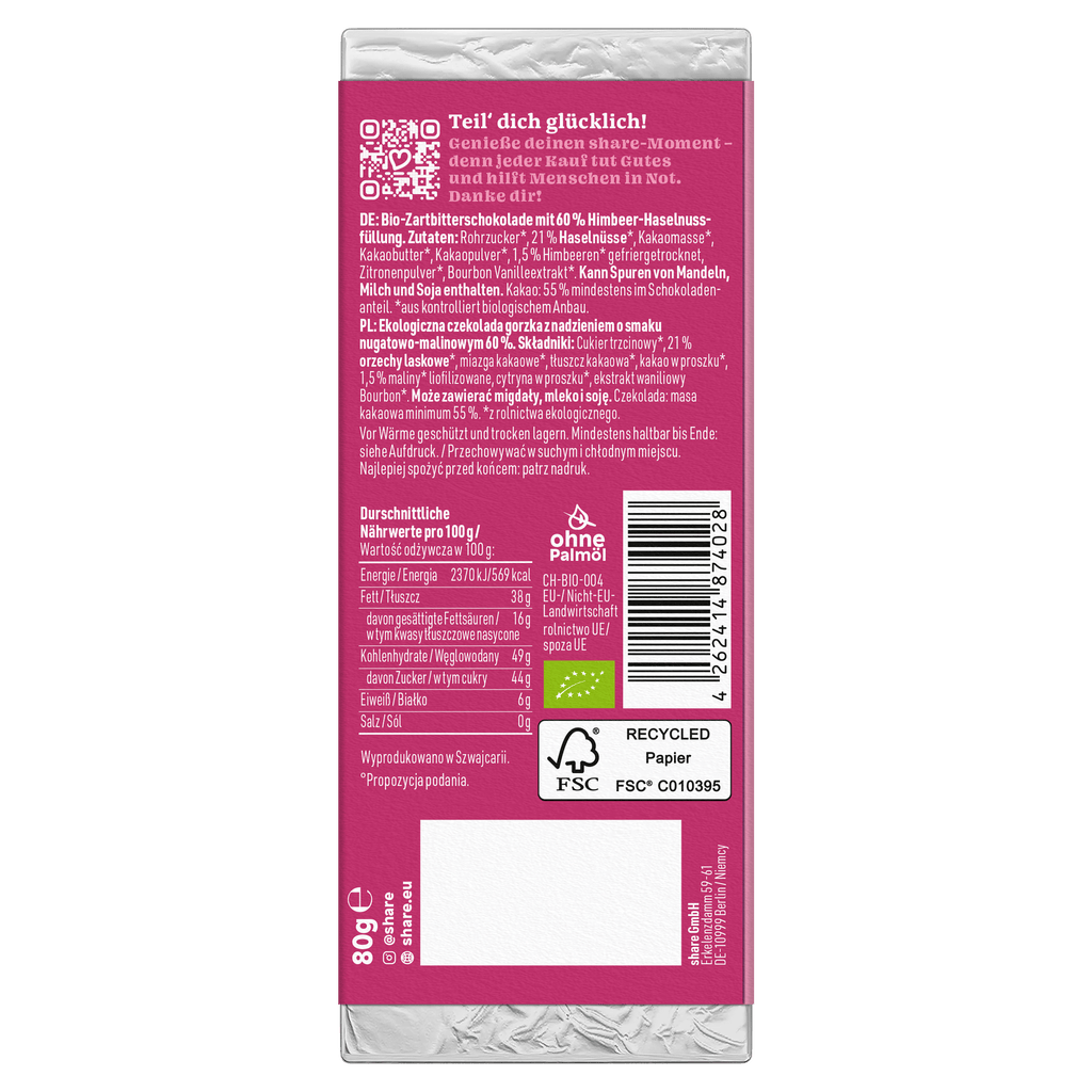 Chocolat noir bio Berry Kiss Praliné à la framboise 1x80g
