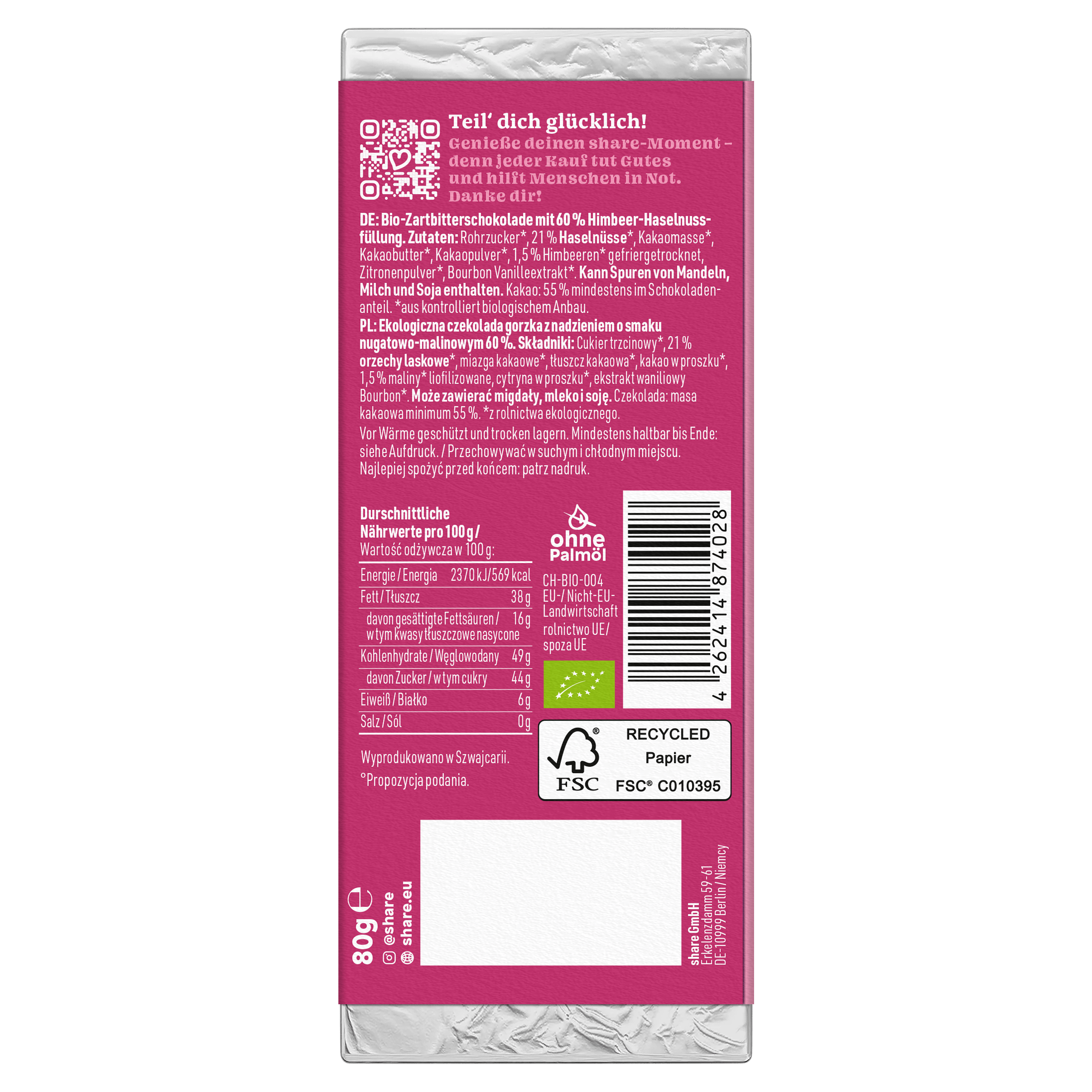Chocolat noir bio Berry Kiss Praliné à la framboise 1x80g