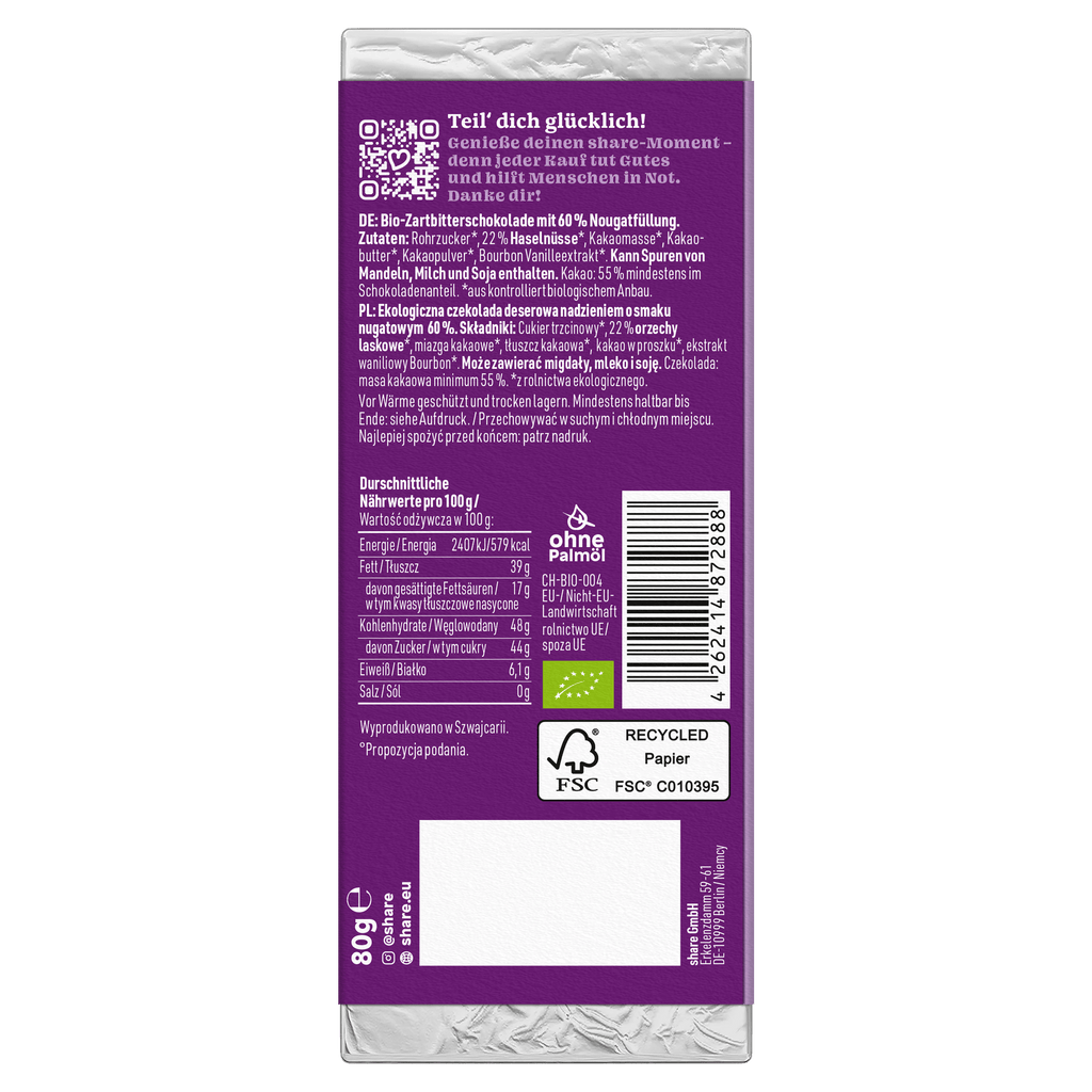 Chocolat noir bio crème nougat praliné 1x80g