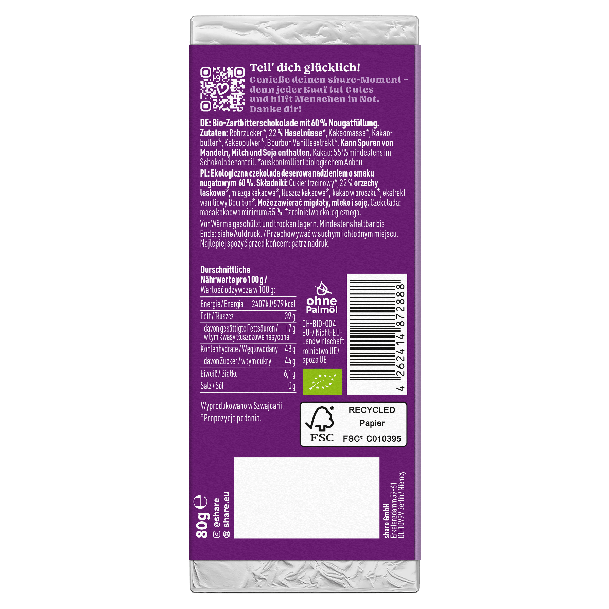 Chocolat noir bio crème nougat praliné 1x80g