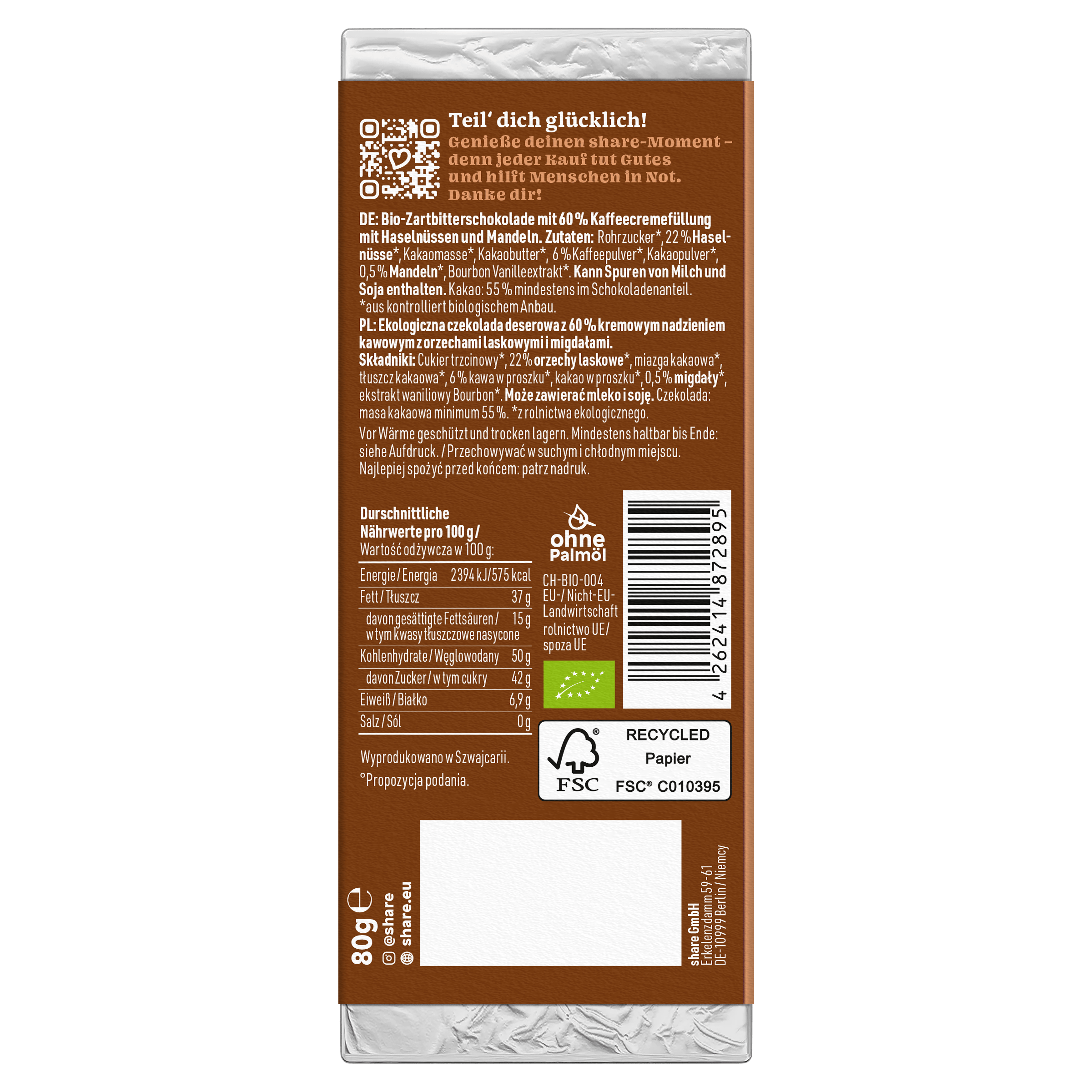 Chocolat Noir Bio Moka Concasé Praliné Moka 1x80g